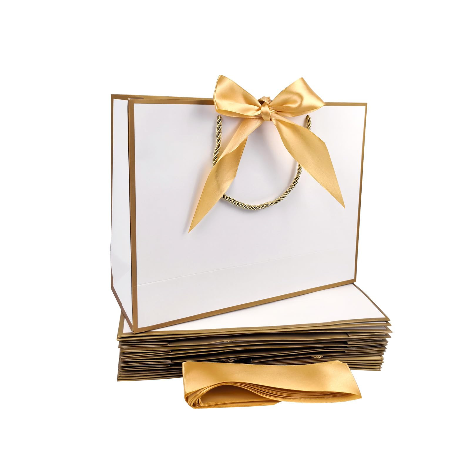 TKSBAG 12PCS Gift Bags Medium Size with Handles, 12.5 x 9.8 x 4.3 In White Gold Thank You Bags with Bow Ribbon for Wedding, Birthday, bridesmaid, Groomsmen, Party Favors, Thanksgiving, Christmas | Amazon (US)