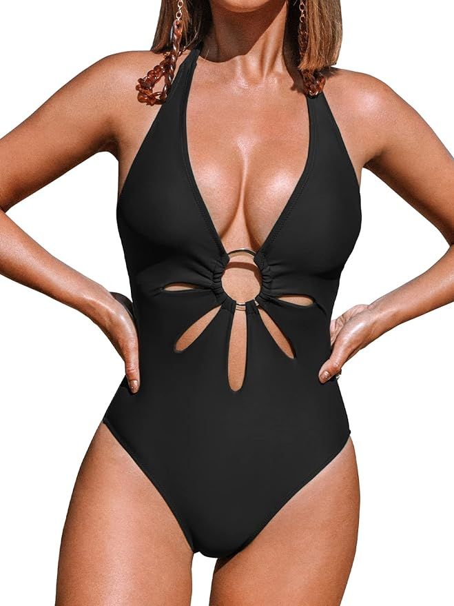 CUPSHE Women's One Piece Swimsuit Green Halter V Neck Cutout Bathing Suit | Amazon (US)