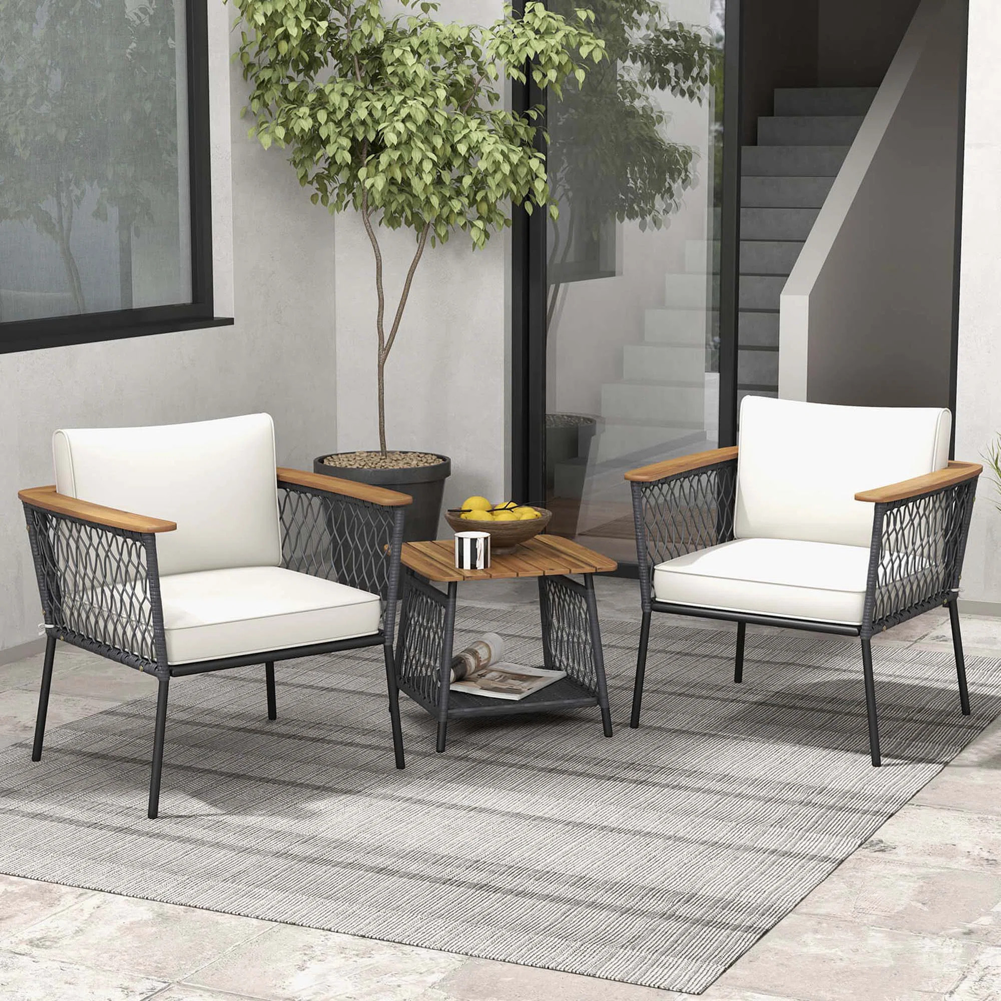 Set of 3 Furniture Set w/ 2-Tier Coffee Table Acacia Wood Armrests Tabletop Patio | Wayfair North America