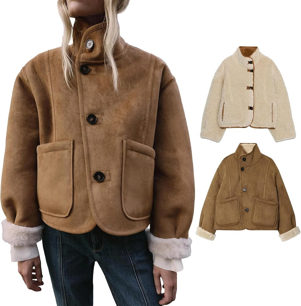 Womens Faux Fur Double Faced Jackets Long Sleeve Button Down Sherpa Fleece Jacket Trendy Mock Nec... | Amazon (US)