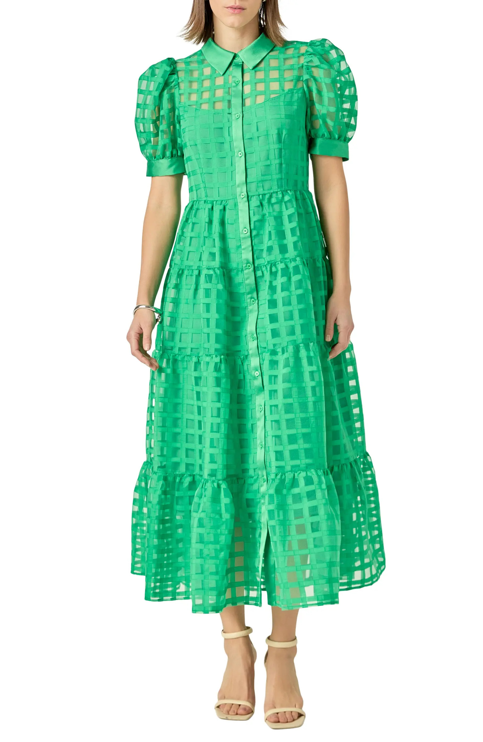 Grid Pattern Tiered Midi Shirtdress | Nordstrom