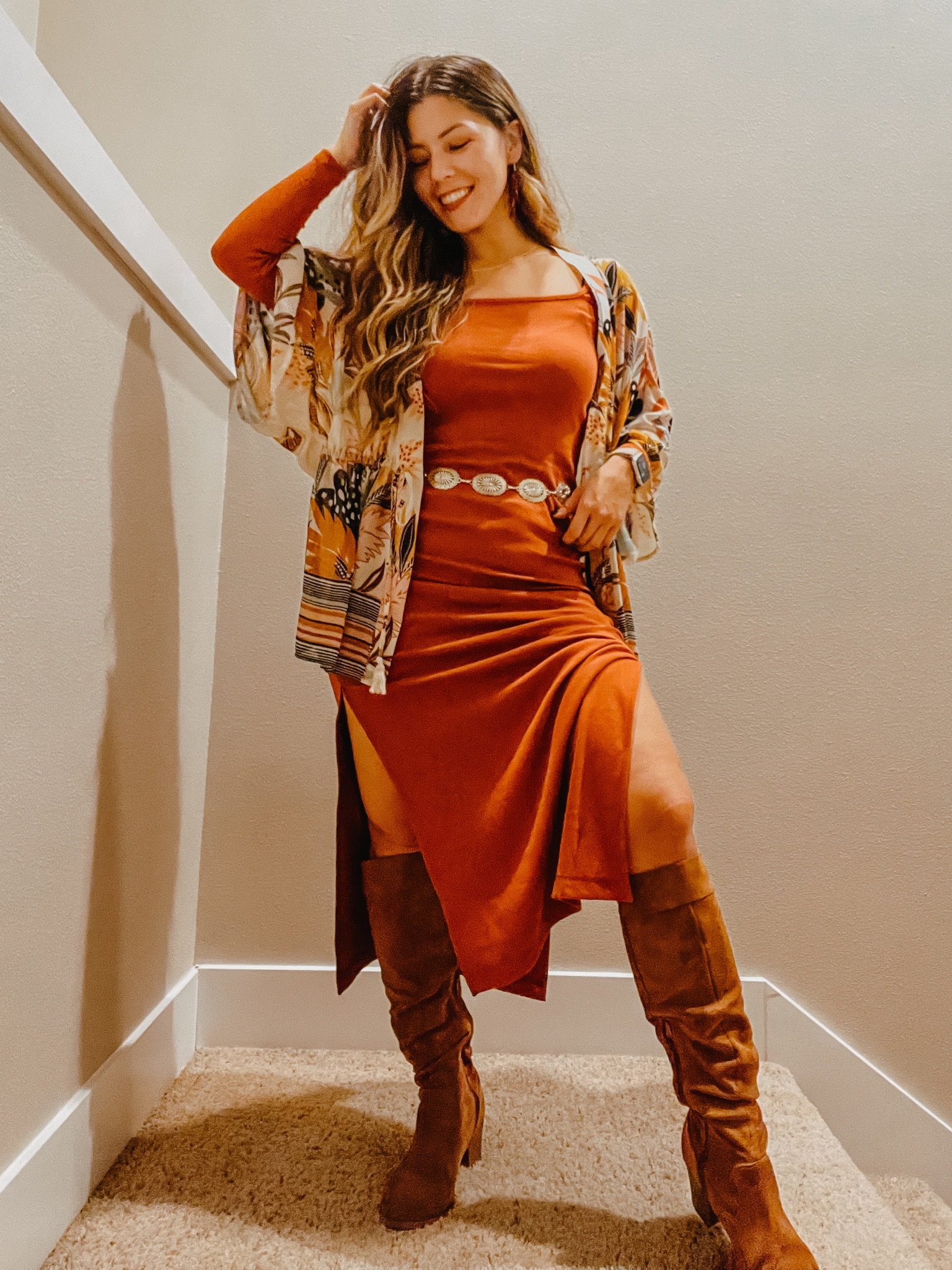 Fall boho 🍂 🍁 

Maxi dress, long sleeve dress, knee high boots, brown boots, chain belt, medallion belt, bohemian, fall outfit, kimono 

#LTKstyletip #LTKfindsunder100 #LTKfindsunder50
