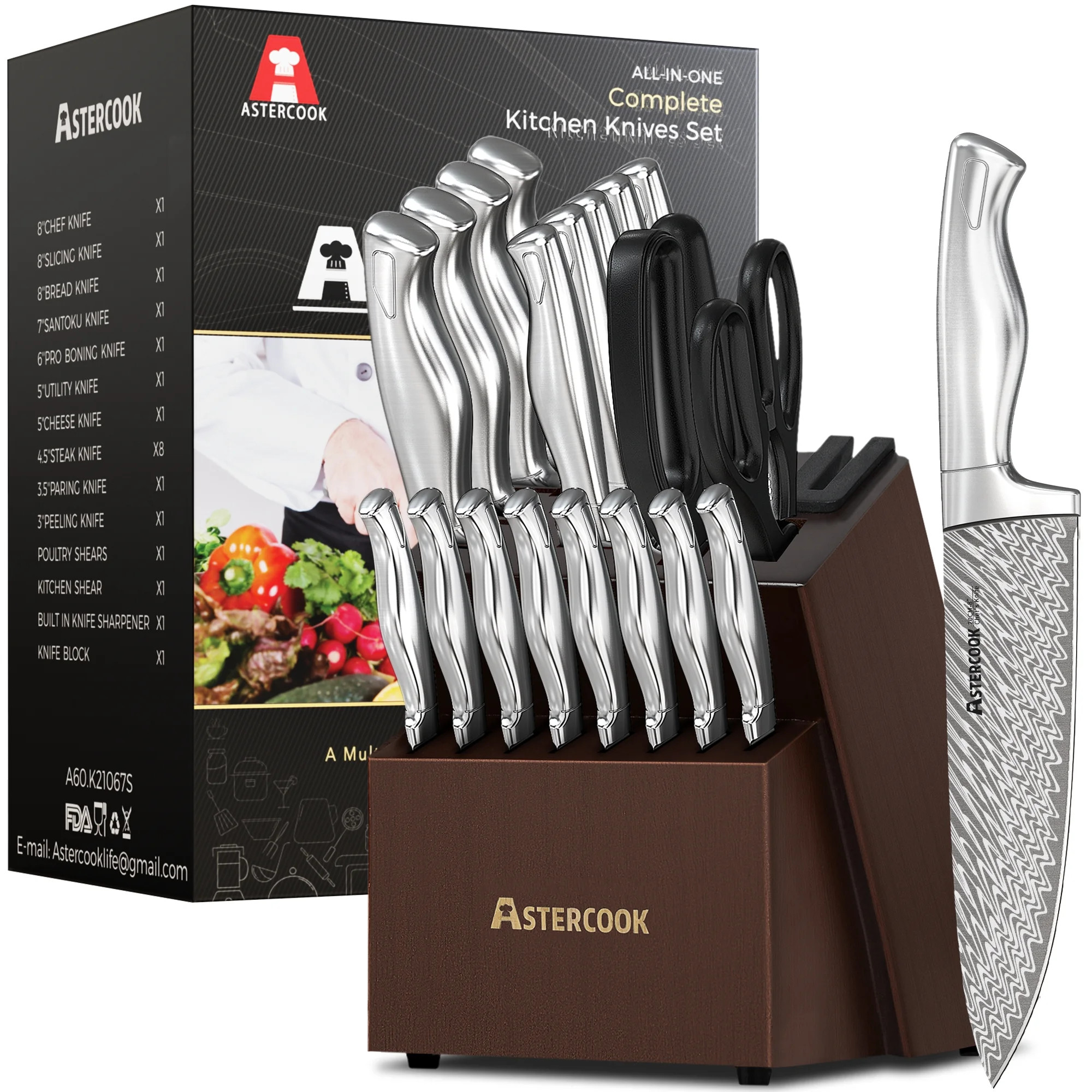 Astercook 20 Pcs Kitchen Knife Set with Block, Full Tang Knives Sets German Stainless Steel, Buil... | Walmart (US)