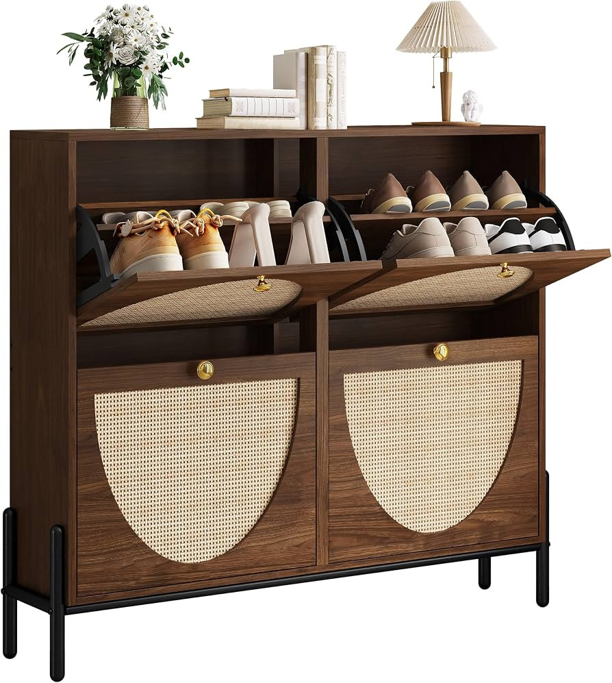 IRONCK Rattan Shoe Cabinet Storage with 4 Flip Drawers, Walnut | Amazon (US)