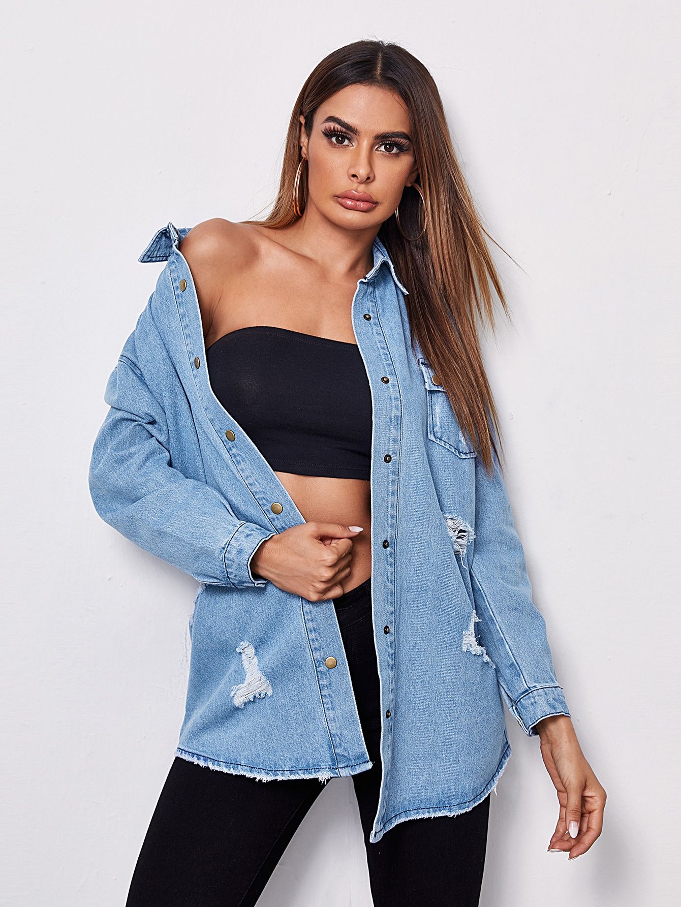 Collared Buttoned Front Pocket Patched Ripped Denim Blouse | SHEIN