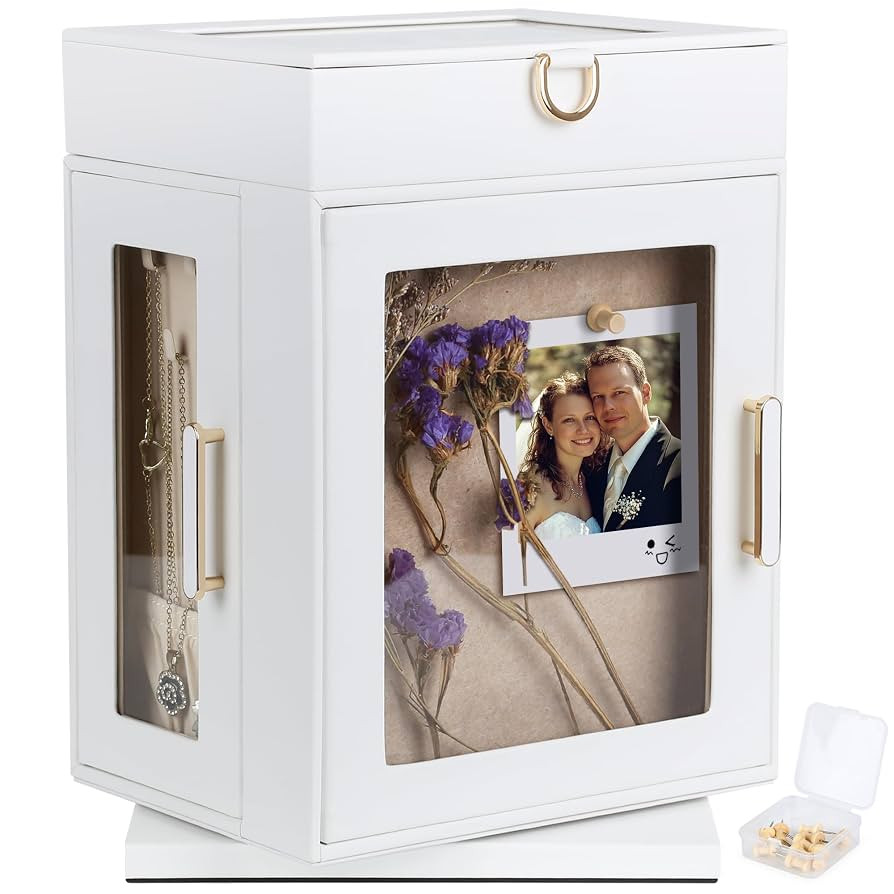 Kendal 360° Rotating Jewelry Box - White PU Leather Jewelry Organizer with Shadow Box & Pinboard... | Amazon (US)