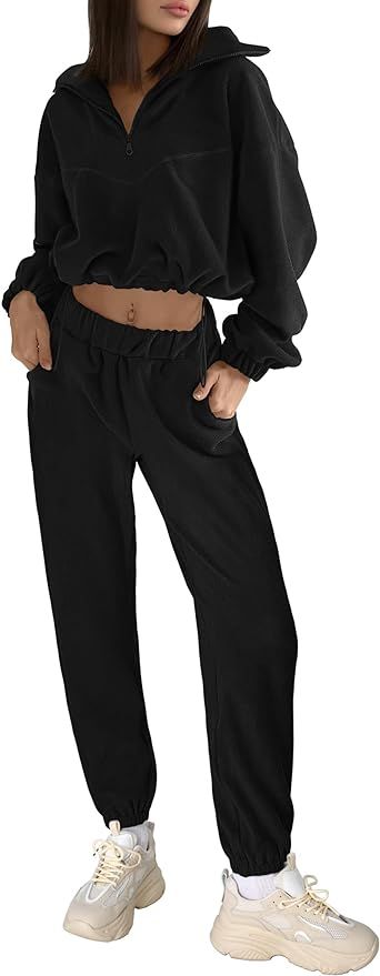 PRETTYGARDEN Womens Fall 2 Piece Outfits Fleece Sweatsuits Set Half Zip Cropped Sweatshirt Pullov... | Amazon (US)