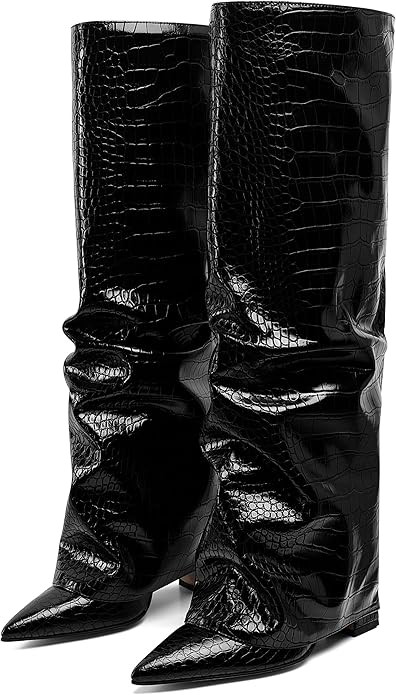 Synchoiss Womens Knee High Boots Wide Calf Chunky High Heel Boots Fashion Fold Over Boot Pointed ... | Amazon (US)