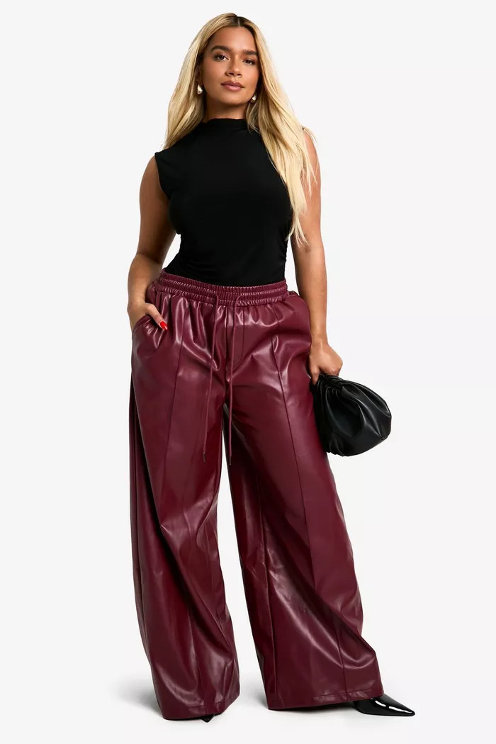 Plus Elasticated Waist Pu Wide Leg Jogger | boohoo (US & Canada)