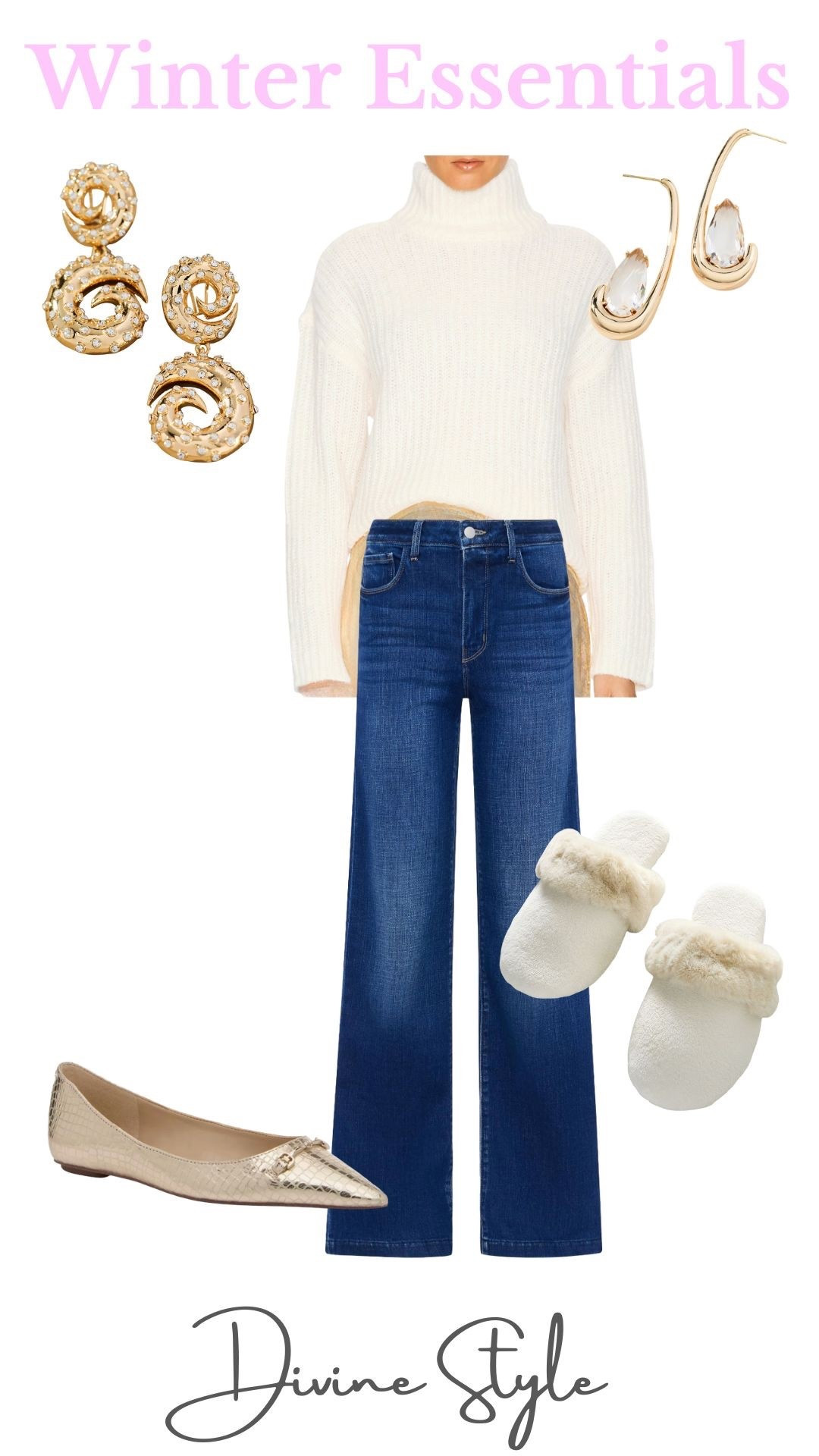 Cozy winter outfit essentials. Love the look of a tailored wide leg jean with a knit turtleneck sweater and chic metallic flats or cozy fur trim slippers for a day at home. These earrings are fun and unique, elevating the outfit. 

#LTKootd #LTKFindsUnder100 #LTKFindsUnder50