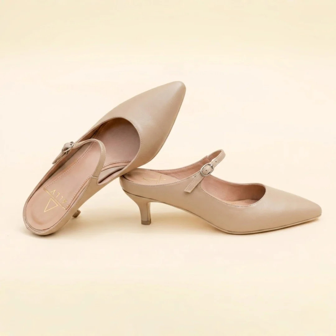Bossy Beige Leather Mary Jane Kitten Mule | ALLY Shoes