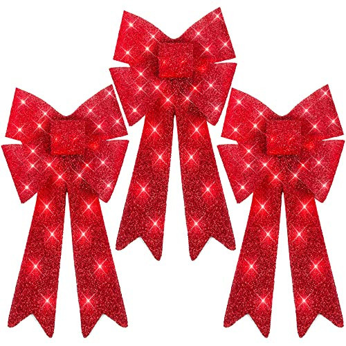 Best Choice Products Set of 3 Bows Pre-Lit Christmas Bow Decoration, Indoor/Outdoor LED Holiday Décor w/ 30 Lights, Outdoor Battery Box, Timer, 8 Light Functions - Red | Amazon (US)