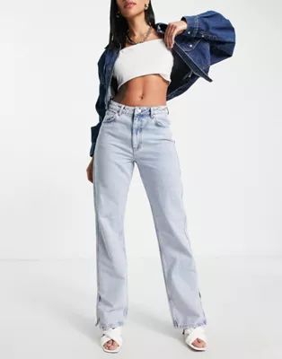 NA-KD high waist straight side slit jeans in light blue | ASOS (Global)