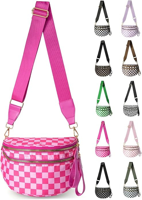 Checkered Nylon Crossbody Bag for Women, Spacious Checkered Bum Bag Purse Shoulder Bag Sling Bag ... | Amazon (US)