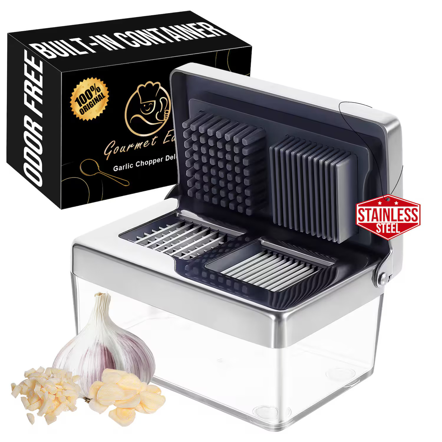 Gourmet Easy - Garlic Press Garlic Chopper Mini & Slicer Super Thin 2 in 1, Odor Free Ginger Dicer + Container - Stainless Steel | Best Buy U.S.