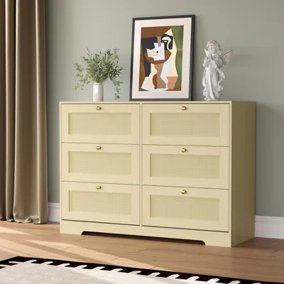 Rattan 6-Drawer Dresser – Modern Boho Wooden Dresser with Metal Handles & Solid Wood Legs, Wicker Chest of Drawers for Bedroom Storage, Living Room, E | Wayfair North America