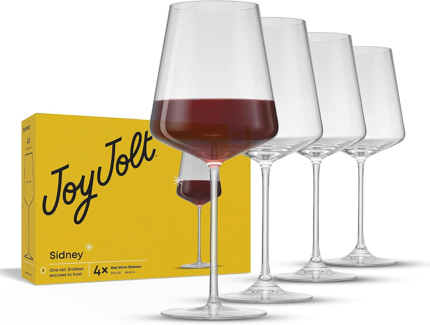 JoyJolt Sidney Red Wine Glasses Set of 4 | 19 oz Modern Wine Glasses with Long Stem | Home Bar Glass Set | Wedding Registry, Birthday, Anniversary, Gifts | Premium Crystal Stemware Made in Europe | Amazon (US)