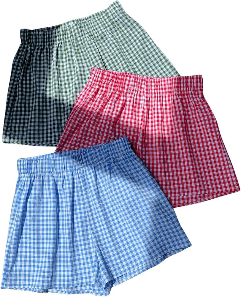 MakeMeChic Women's 3 Pack Shorts Plaid Print Elastic Waist Track Shorts Comfy Lounge Shorts | Amazon (US)