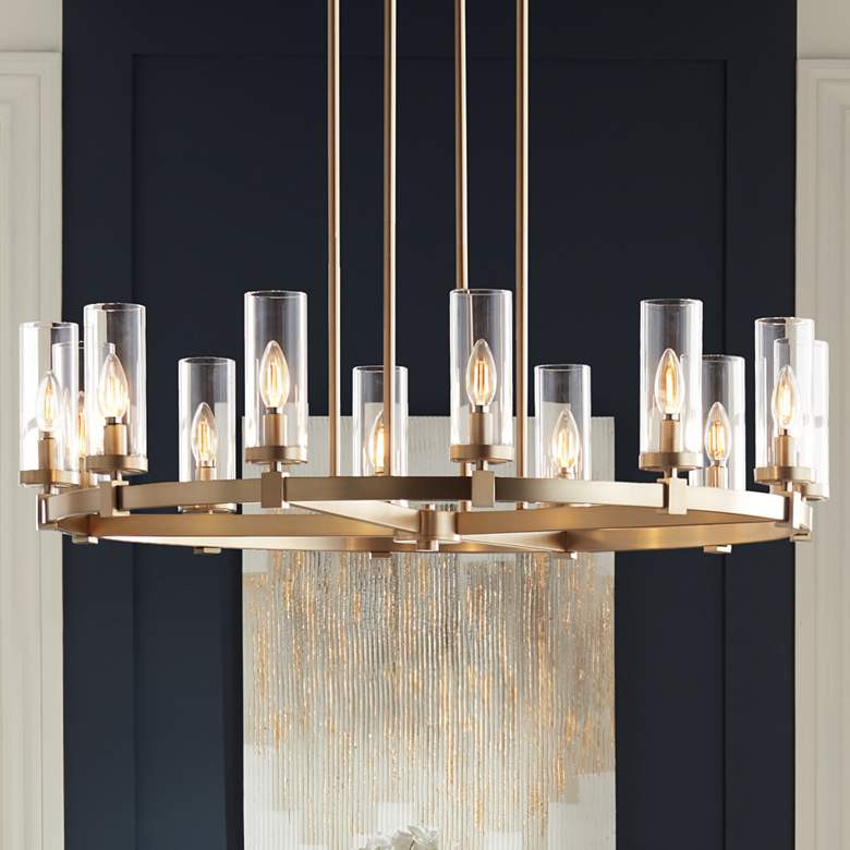 Stiffel Aron 36" Wide Brass 12-Light Wagon Wheel Chandelier | Lamps Plus