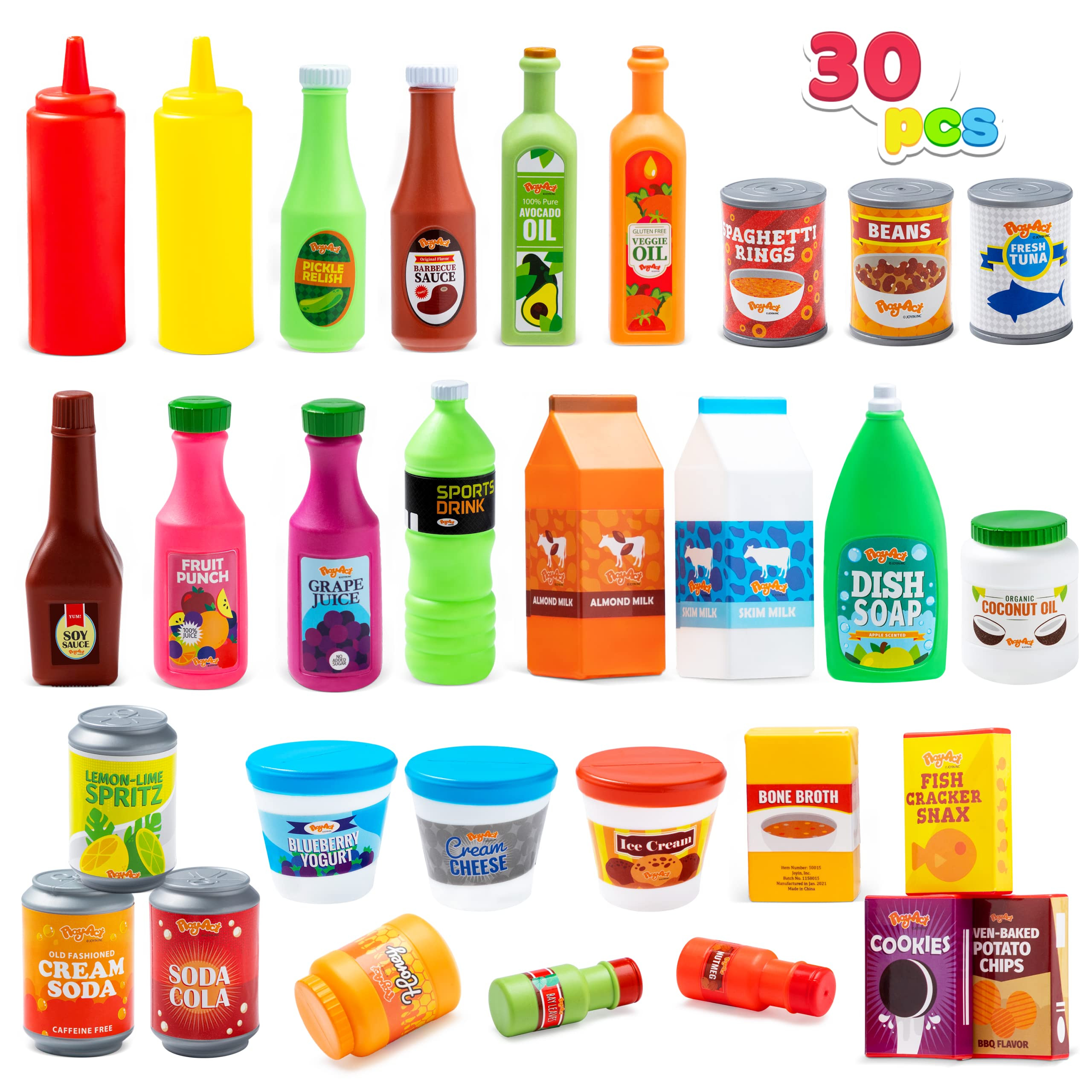 JOYIN 30Pcs Play Food Grocery Cans, Pretend Play Kitchen Accessories, Includes Drink, Juice, Jar, Se | Amazon (US)