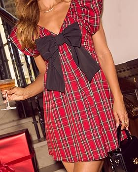 LILTWIST Womens Christmas Bow Babydoll Dress Cute V Neck Short Puff Sleeves Mini Dress Casual Bow... | Amazon (US)