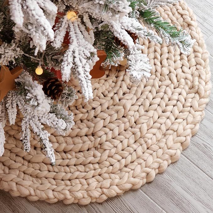 LimBridge Knitted Christmas Tree Skirt: 36 Inches Crochet Beige Tree Skirt, Chunky Knit Thick Rus... | Amazon (US)