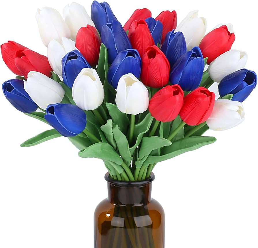 SITUMEIZI 15pcs 4th of July Flowers Tulips Fake Artificial Flowers PU 14" Patriotc Flower for Ind... | Amazon (US)