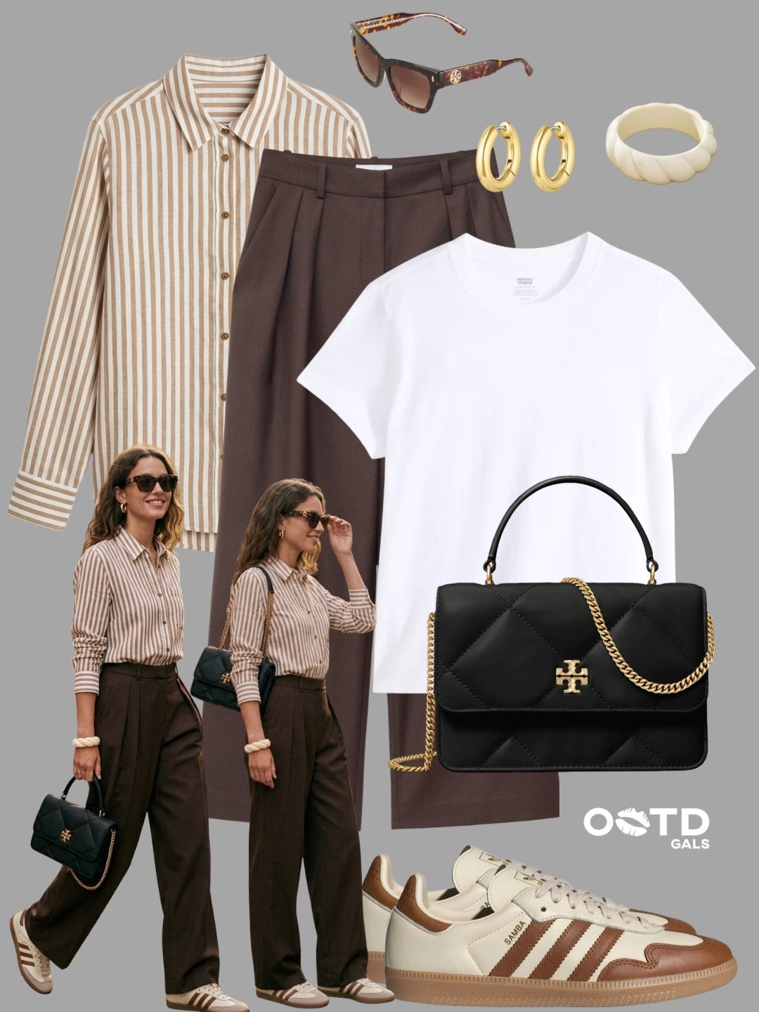 Neutral Layers, Everyday Chic 🤎✨

Timeless tones with a relaxed, put-together feel that works from day to night.

Effortless dressing at its best.

✨ Style Details:
• Striped button-down for a classic, tailored vibe  
• Chocolate brown trousers for a rich, polished base  
• Simple white tee layered for versatility  
• Adidas Sambas to keep it cool and casual  
• Structured black bag with gold chain for a luxe touch  
• Gold hoops + neutral accessories to elevate the look  
• Tortoiseshell sunglasses for that finishing detail  

Clean, classic, and always in style 🤍

#LTKStyle #LTKCasual #MinimalStyle

#LTKgrwm #LTKootd