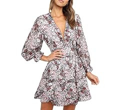 Dokotoo Womens 2023 Spring Summer Deep V Neck Ruffle Long Sleeve Floral Print Mini Dress | Amazon (US)