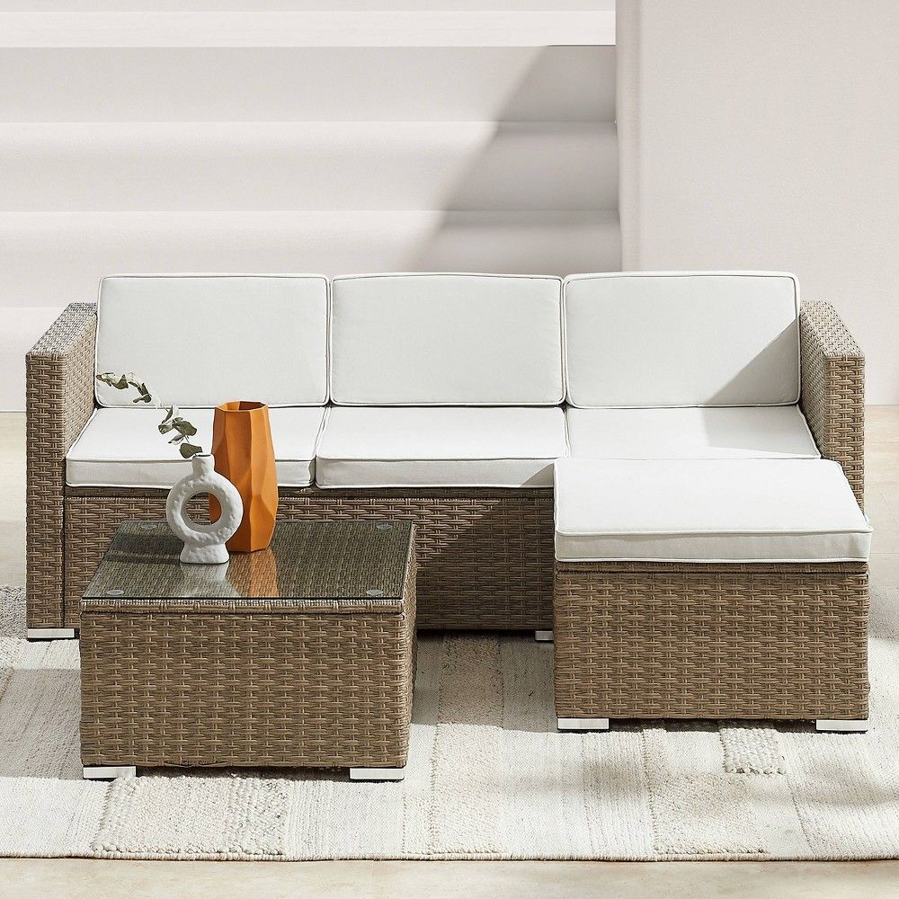 3pc Patio Furniture Set Weaving Wicker Patio Conversation Sets with Glass Table and Cushions - White | Target