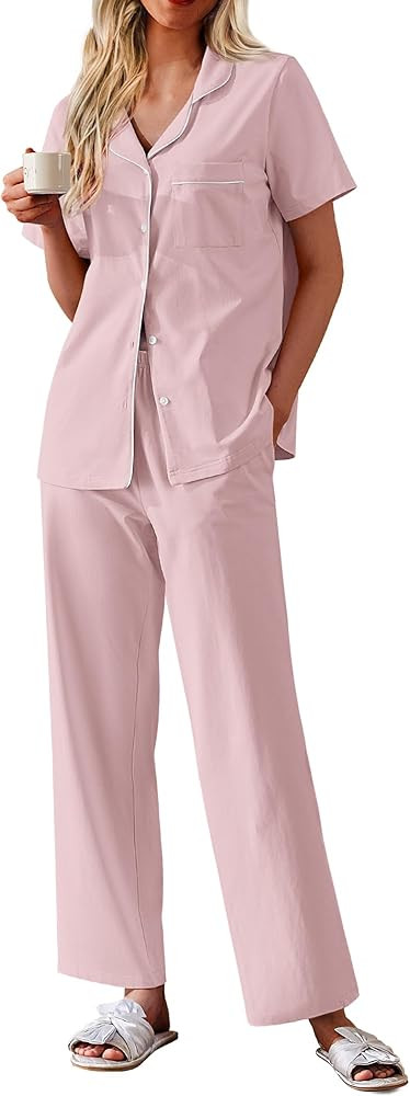 Ekouaer Women's 100% Cotton Pajamas Set Short Sleeve Button Down Pjs 2 Piece Soft Sleepwear with ... | Amazon (US)