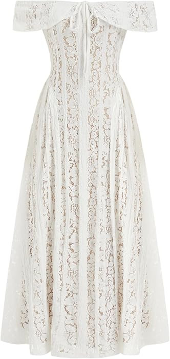 CIDER Off Shoulder Lace Maxi Dress Women Knotted Flared A Line | Amazon (US)