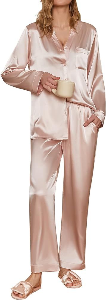 Ekouaer Satin Pajamas Set Women's Long Sleeve Sleepwear Classic Button Down Loungewear V-Neck Sil... | Amazon (US)