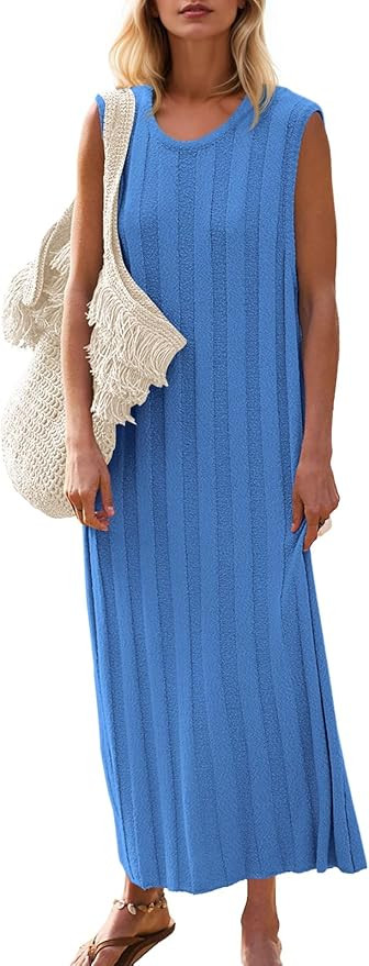Fisoew Women's Summer Sleeveless Maxi Dress Scoop Neck Ribbed Knit Tank Top Dresses | Amazon (US)