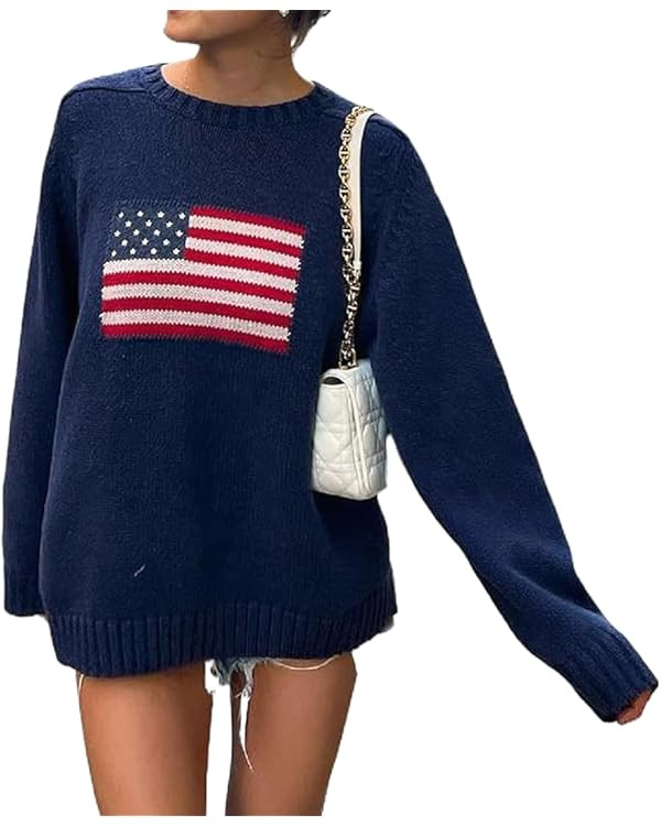 Women American Flag Sweater Vintage Print Long Sleeve Crew Neck Knit Pullovers Loose Fit Side Sli... | Amazon (US)