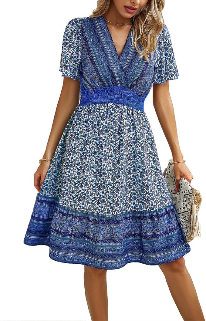 AILLOSA Women's Summer Floral Boho Dress V Neck Short Sleeve A Line Casual Midi Dress | Amazon (US)