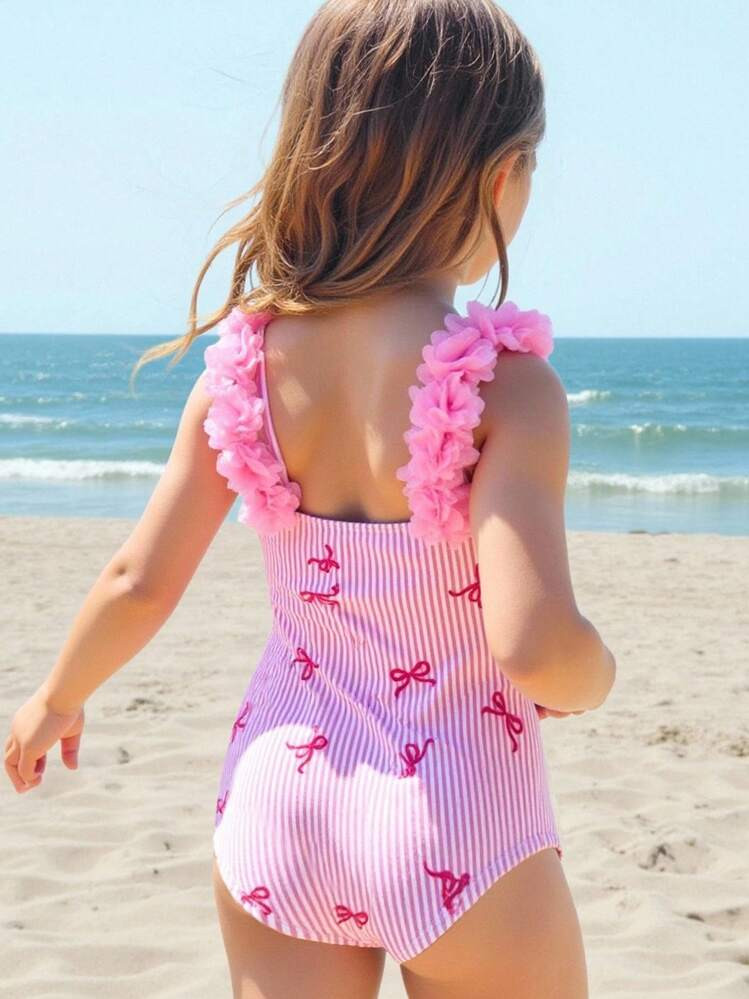 Emery Rose Kids Emery Rose Kids Young Girl Knitted Striped Bowknot Design 3D Floral One-Piece Swimsuit Girls Pink Bow Swimsuit Girls Striped Swimsuit One Piece Swimsuit Girls Pink One Piece Swimsuit Girls Swimwear | SHEIN