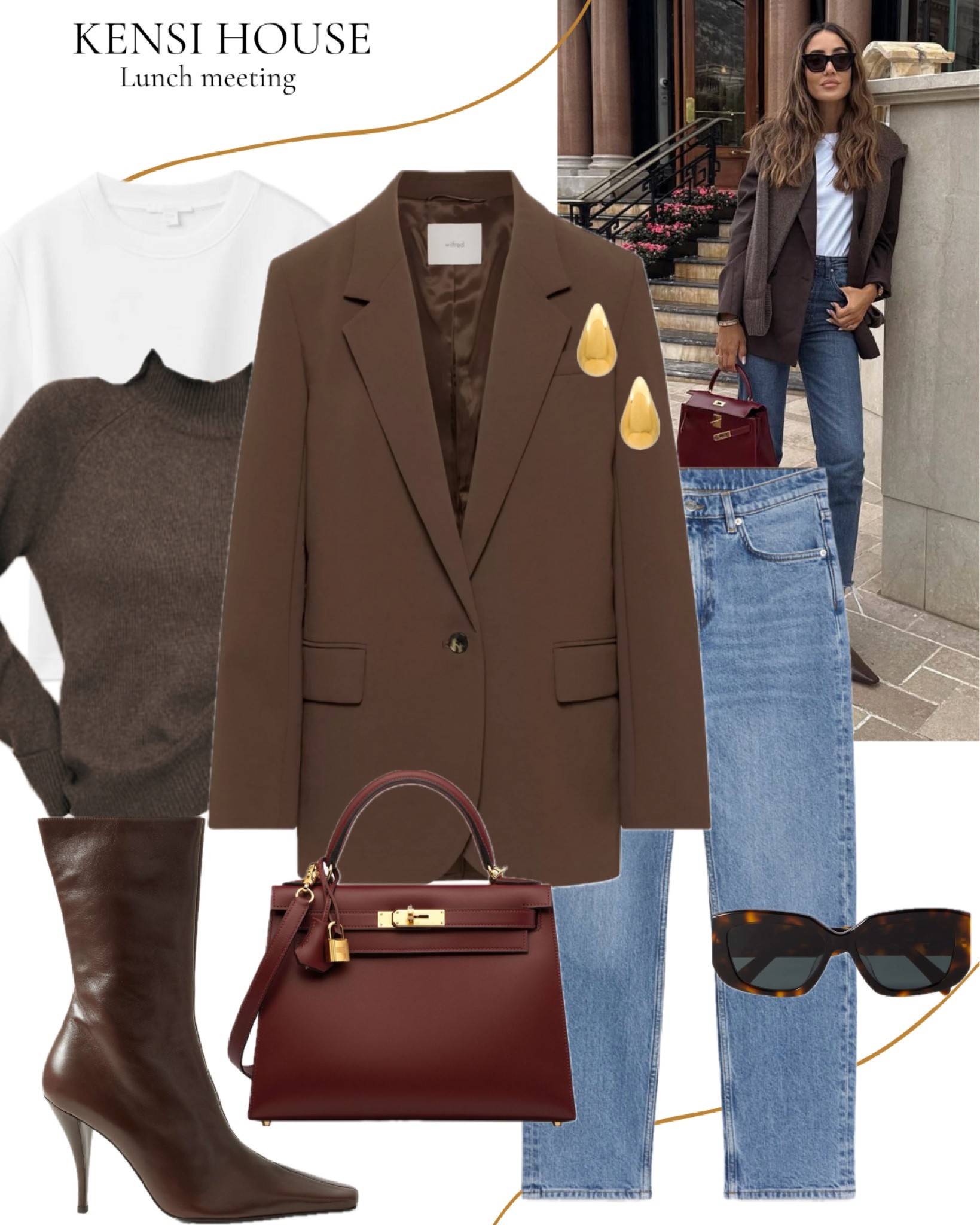 Transitional weather outfit for the office, a lunch meeting or any smart casual occasion🫶🏼✨
Dark brown blazer, dark brown sweater (over the shoulders), white t shirt, blue jeans, brown sunglasses, burgundy Kelly bag, dark brown boots

#LTKworkwear #LTKstyletip #LTKSeasonal