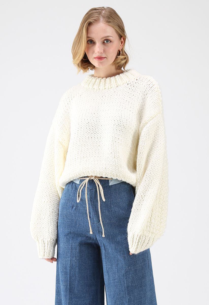 Chunky Chunky Puff Sleeves Cropped Sweater in White | Chicwish