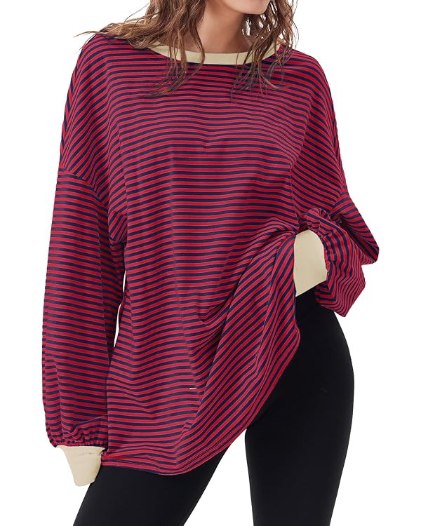 Tankaneo Womens Oversized Long Sleeve T Shirts Striped Color Block Cotton Tunic Tops Loose Fit Fa... | Amazon (US)