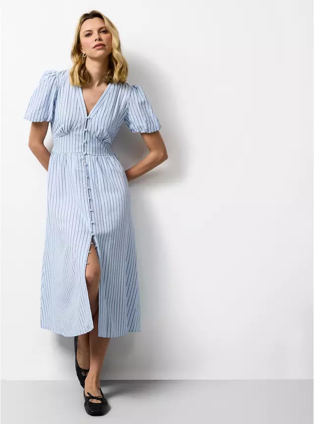 Blue V-Neck Striped Midaxi Tea Dress 22 | Tu Clothing