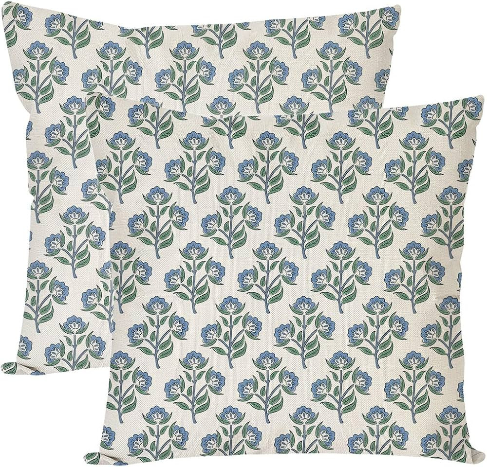 Block Print Throw Pillow Covers 18x18 Inch Set of 2 Vintage Blue Floral Boho Outdoor Farmhouse Sp... | Amazon (US)
