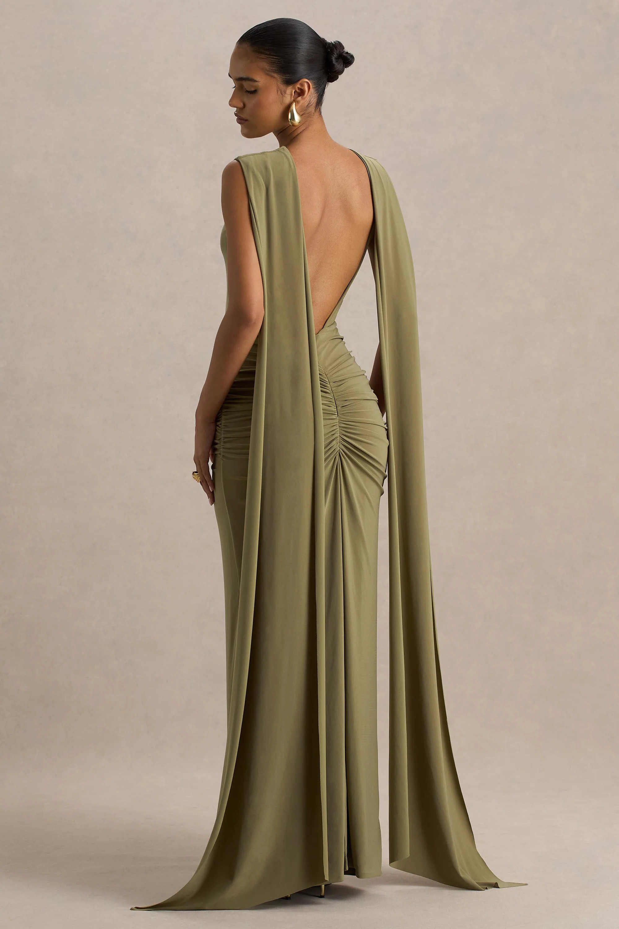 Premiere | Olive Boat-Neck Maxi Dress With Cape-Sleeves And Open-Back | Club L London