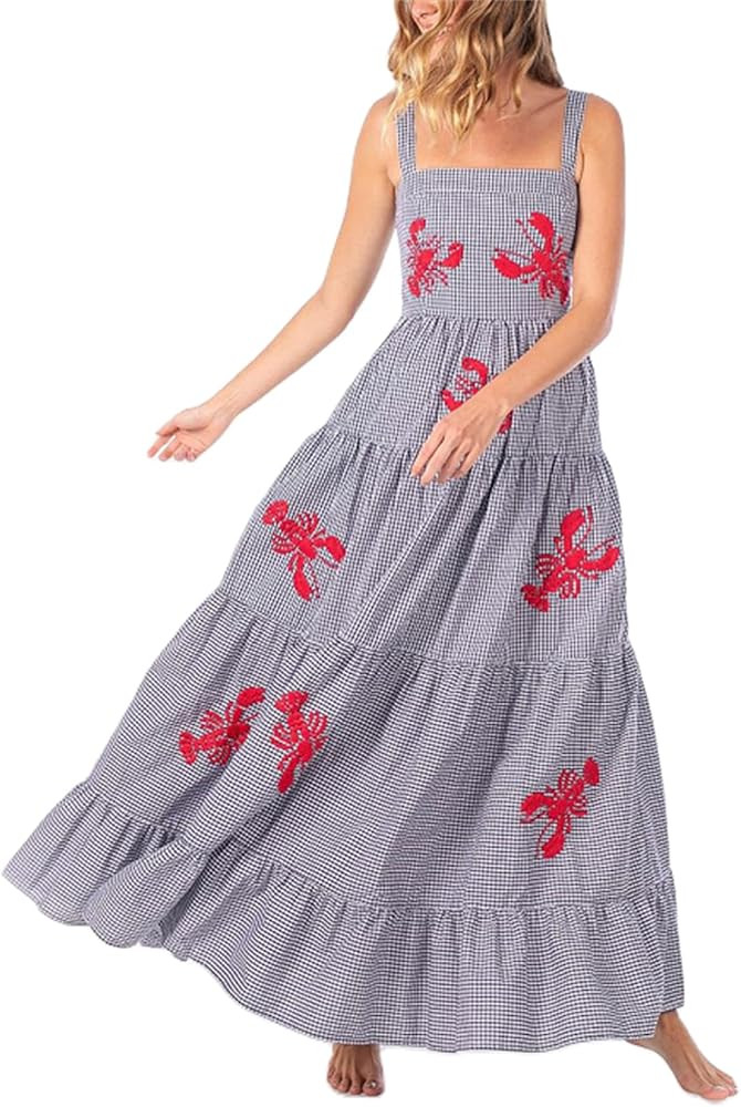 Yuemengxuan Women Cute Embroidered Maxi Dress Beach Dress Summer Boho Ruffle Long Dress Spaghetti... | Amazon (US)