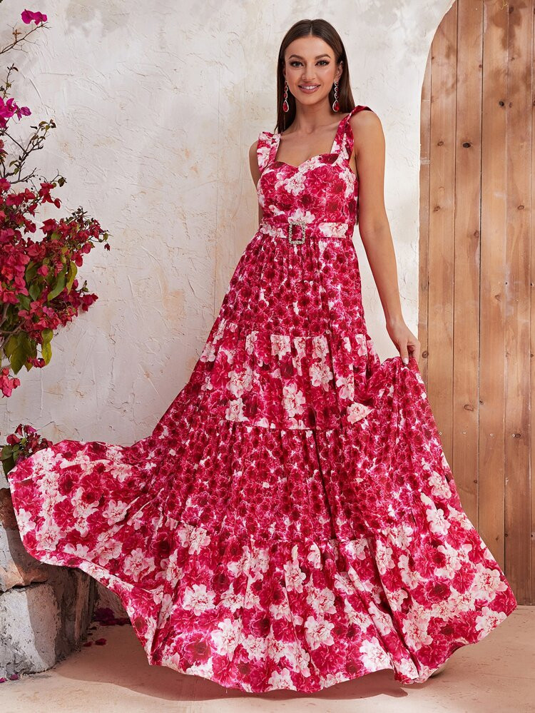 Floral Print Ruffle Hem Belted Cami Dress | SHEIN