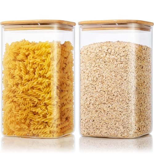 Extra Large Square Glass Flour & Sugar Storage Containers with Airtight Lids, 168oz 2 Pack Glass Jars with Bamboo Lids, Air tight Pantry Food Storage Containers for Cereal, Pasta, Rice Organizers | Amazon (US)