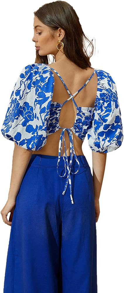 Floerns Women's Sweetheart Neck 3/4 Puff Sleeve Criss Cross Tie Back Blouse Crop Top | Amazon (US)