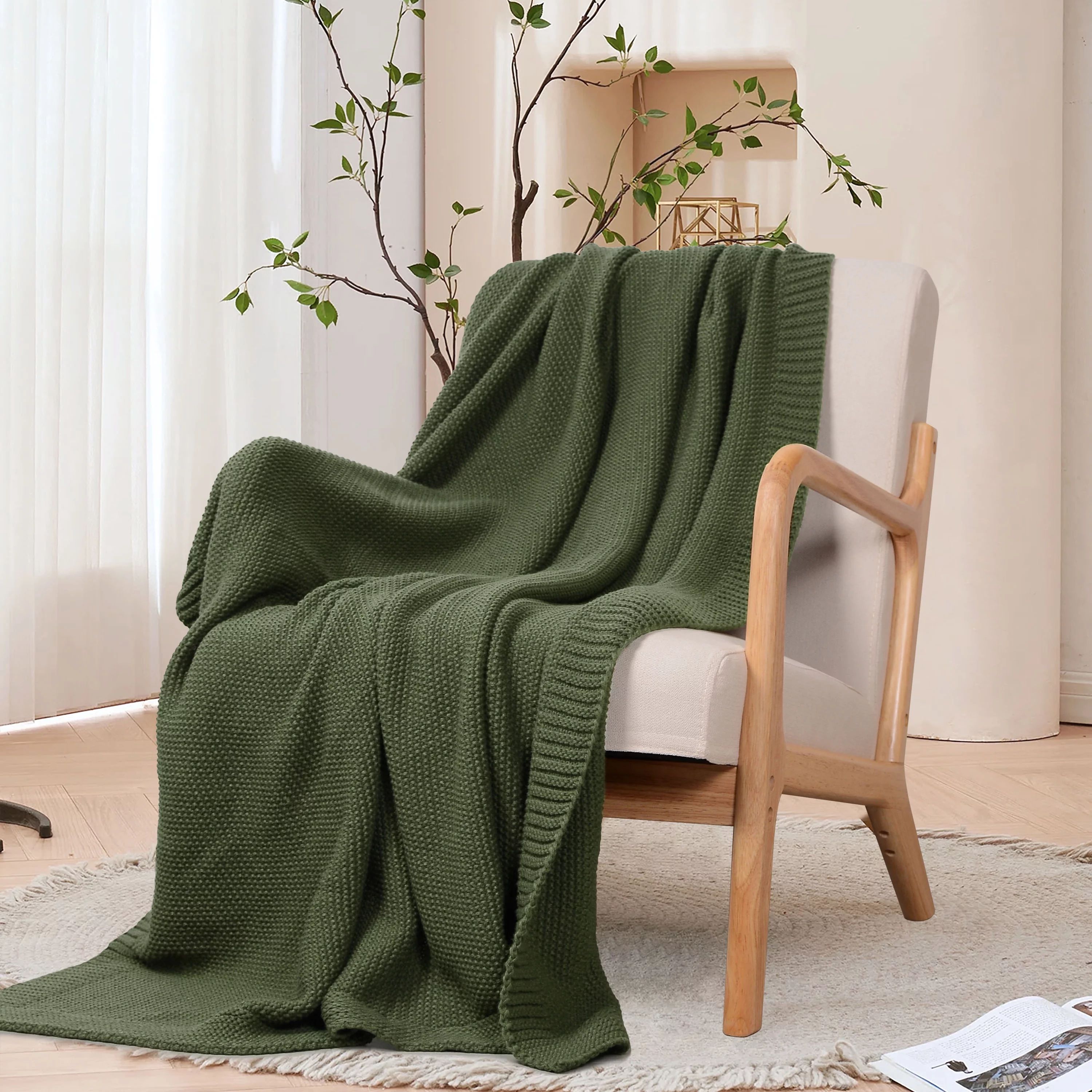 JOOJA Knit Throw Blanket for Sofa Decor Blankets, 50"x60", Olive Green | Walmart (US)