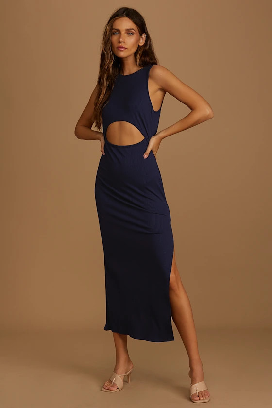 Cut to the Feeling Navy Blue Ribbed Cutout Bodycon Midi Dress | Lulus (US)