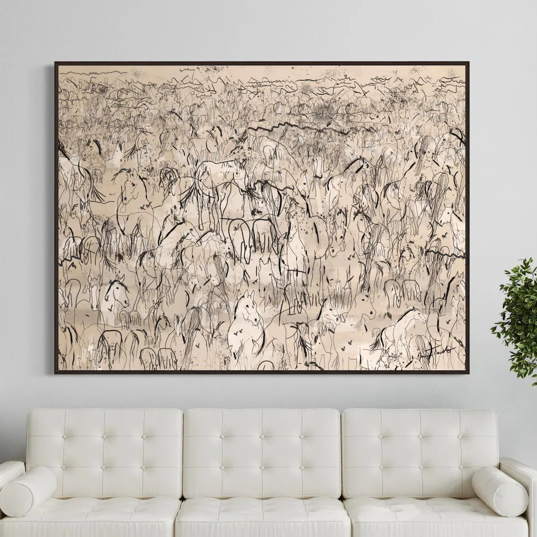 Galloping Herd of Horses Abstract Canvas Wall Art Print, Mid Century Modern Original Large Wall O... | Etsy (US)